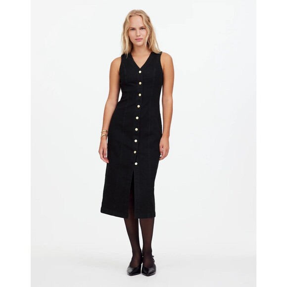 MADEWELL Denim V-Neck Midi Dress 14 Clean Black Wash Button-Up NWT B60 - Picture 1 of 5